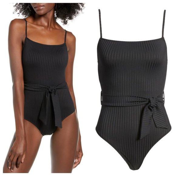 Topshop Other - Topshop Black Ribbed Belted One-Piece Swimsuit